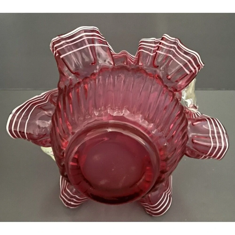 Fenton Cranberry Large Glass Basket White Ribbon Trim Ruffled Edge Grandmacore